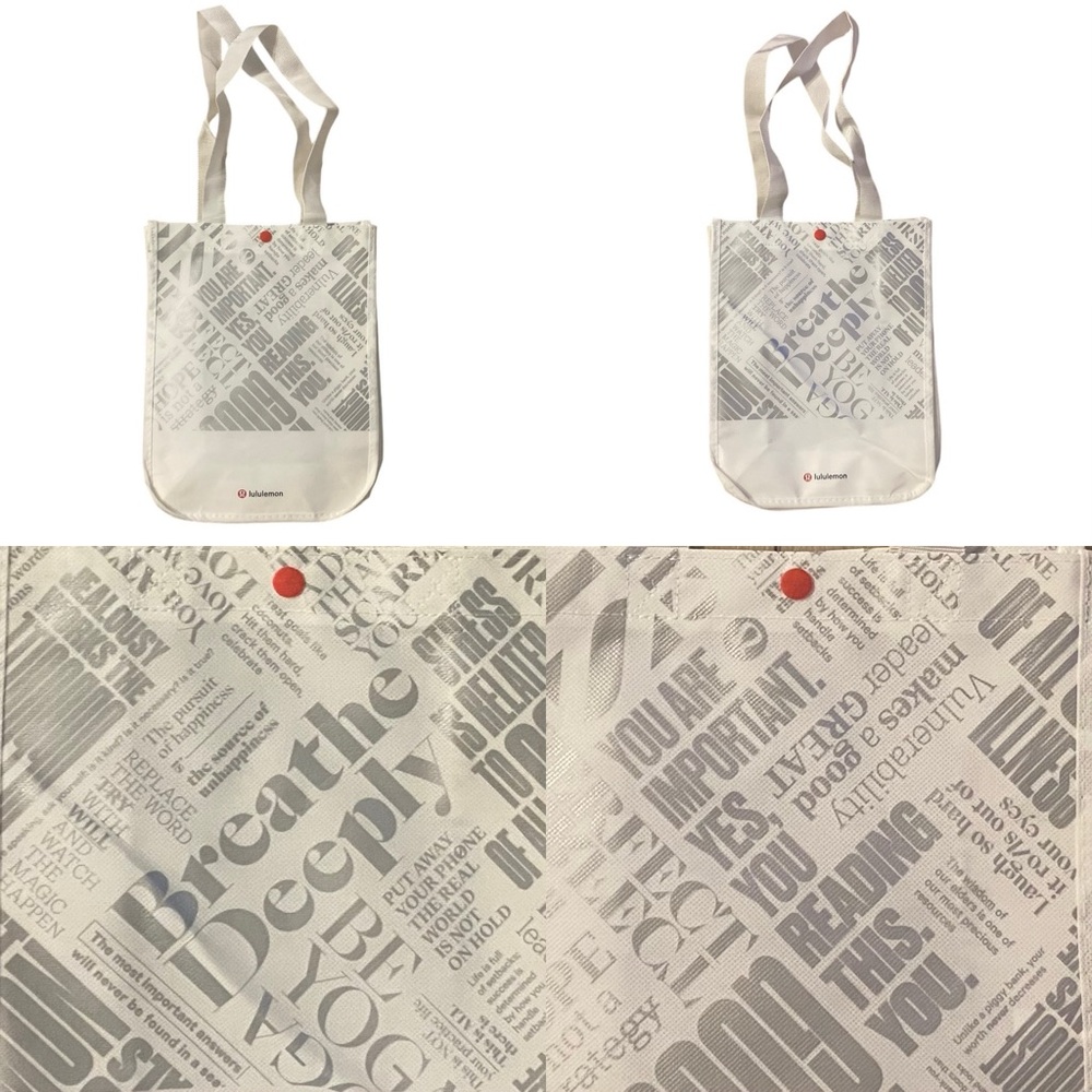 Lululemon White& Silver “Breathe Deeply” Tote  12”H x 9”W x 4.5” D